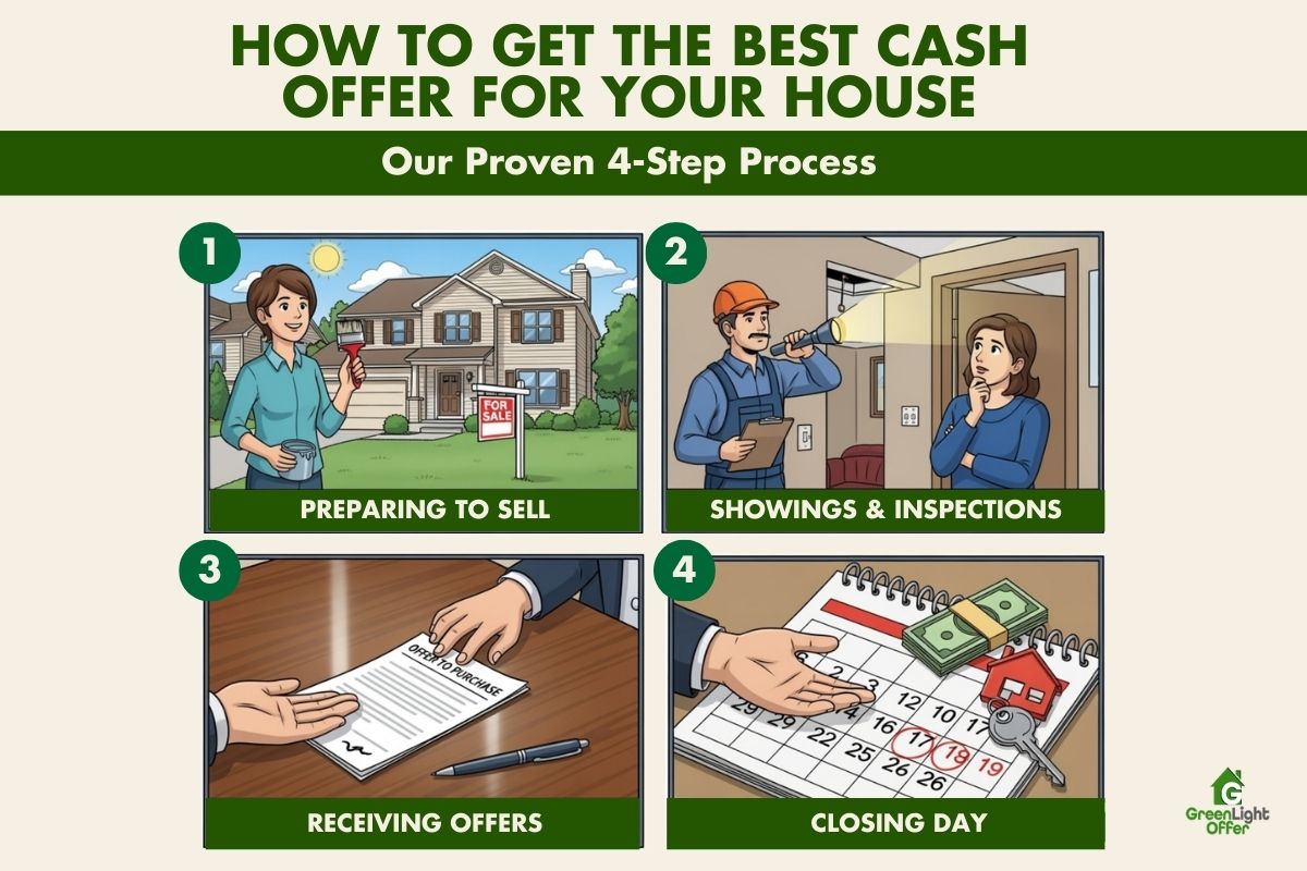 Infographic: 4 steps to get the best cash offer for house—prep to sell, showings and inspections, offers, closing day