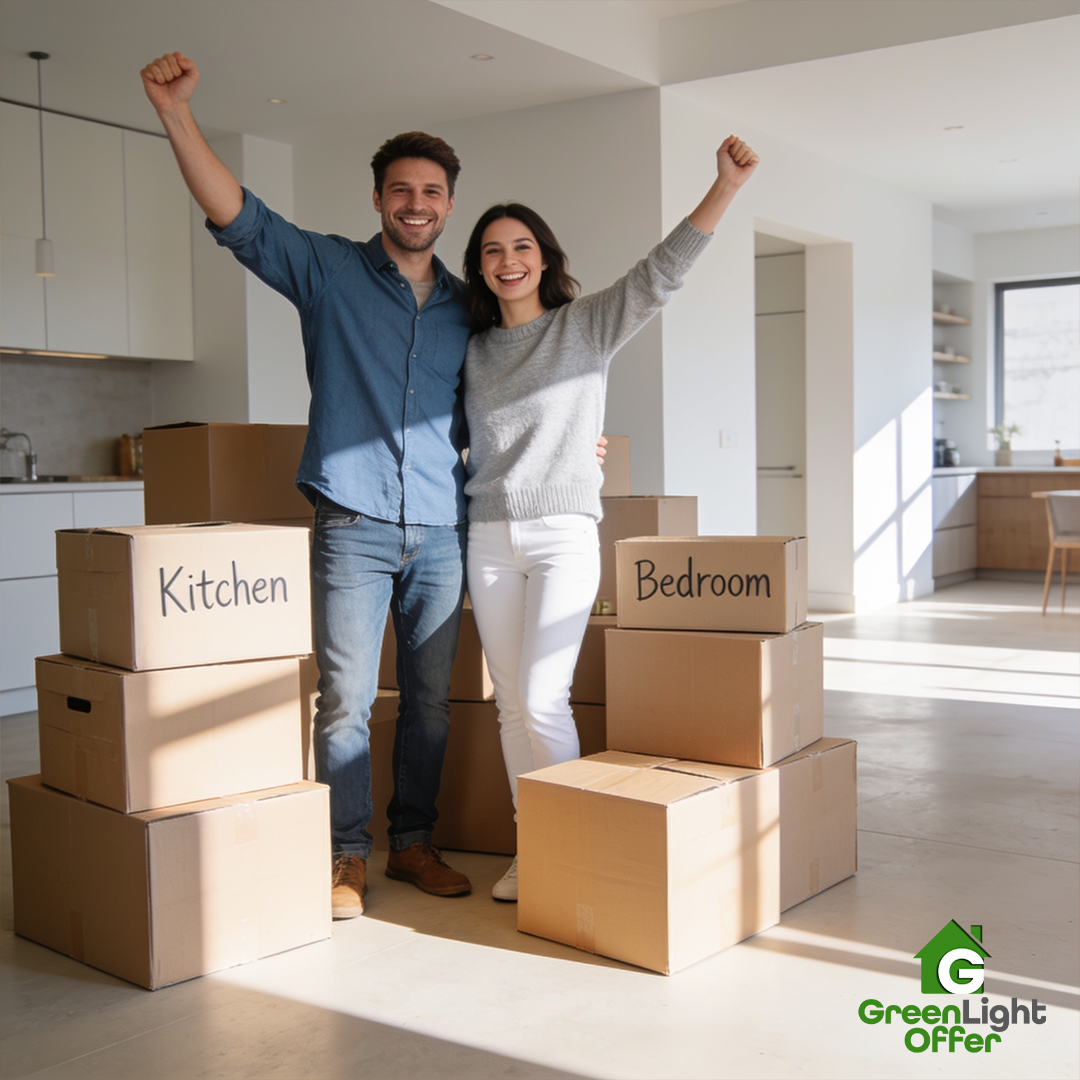 Couple with moving boxes in a new home, illustrating sell house before or after divorce finalized Texas decisions.