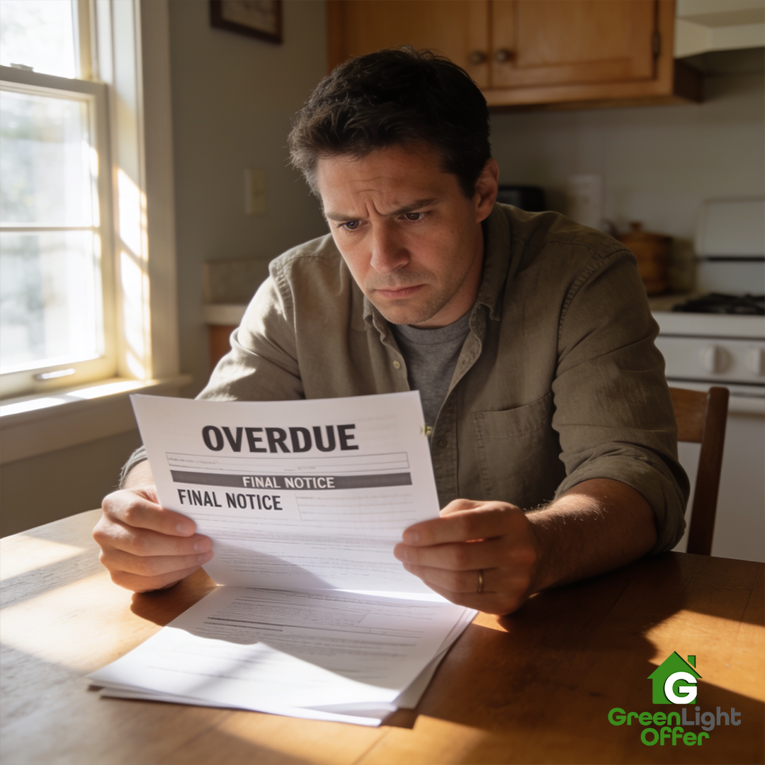 Worried Houston landlord reviews an overdue notice during the eviction timeline Harris County Texas process.