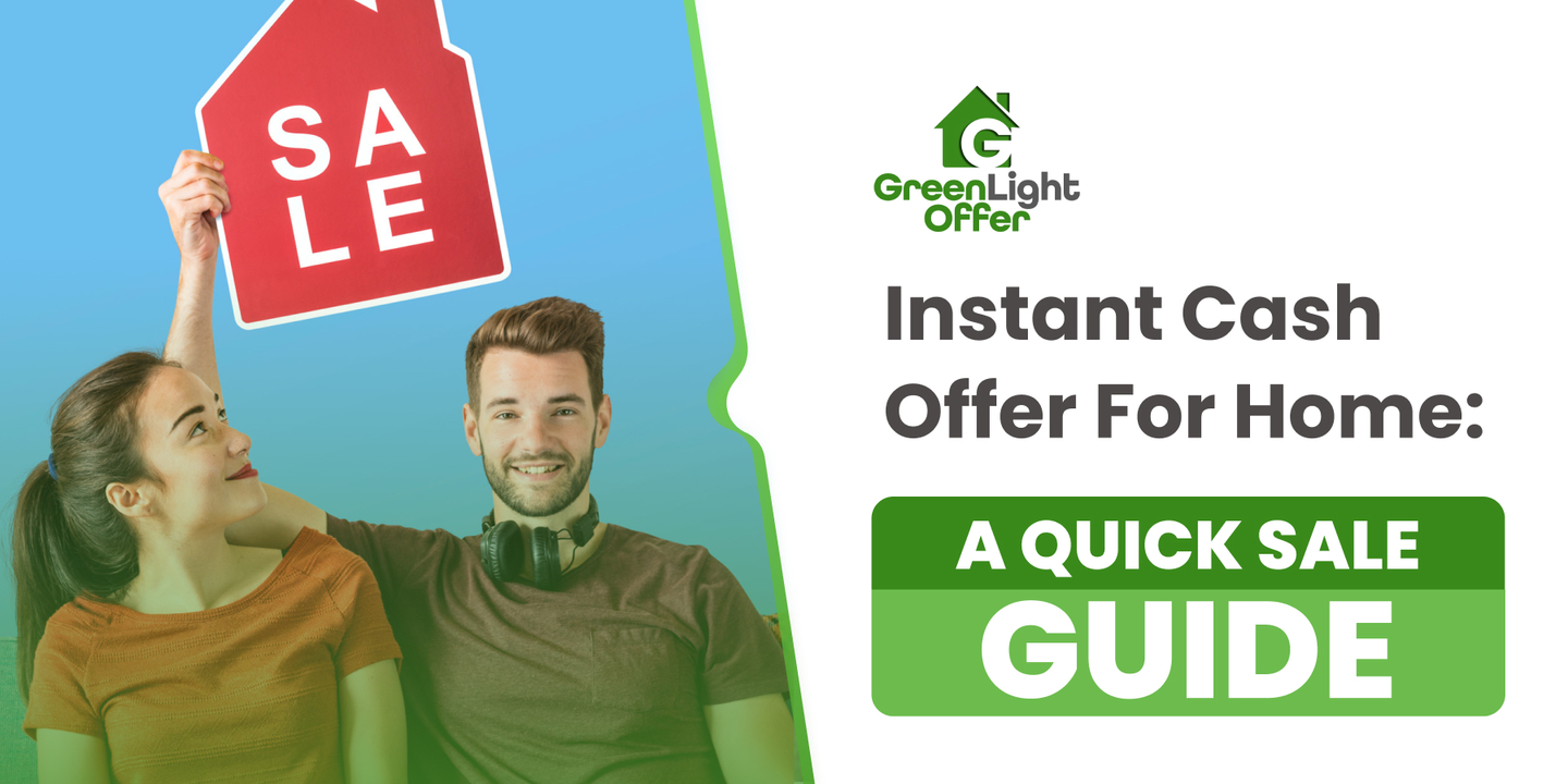 Young couple holding a "SALE" sign, promoting instant cash offers for home sales, featuring Greenlight Offer branding, emphasizing quick sale guide.
