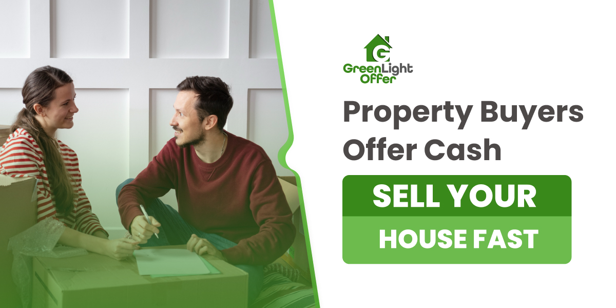 Couple discussing home selling options with GreenLight Offer branding, emphasizing fast cash offers for selling houses quickly.