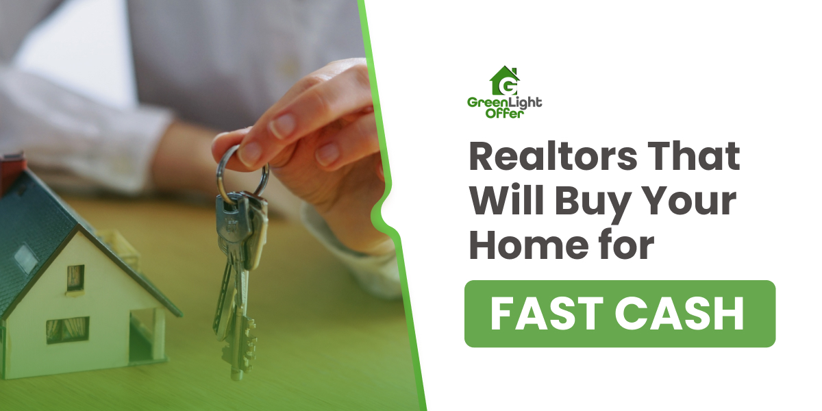 Realtor holding keys above a miniature house, promoting fast cash home sales with Greenlight Offer branding.