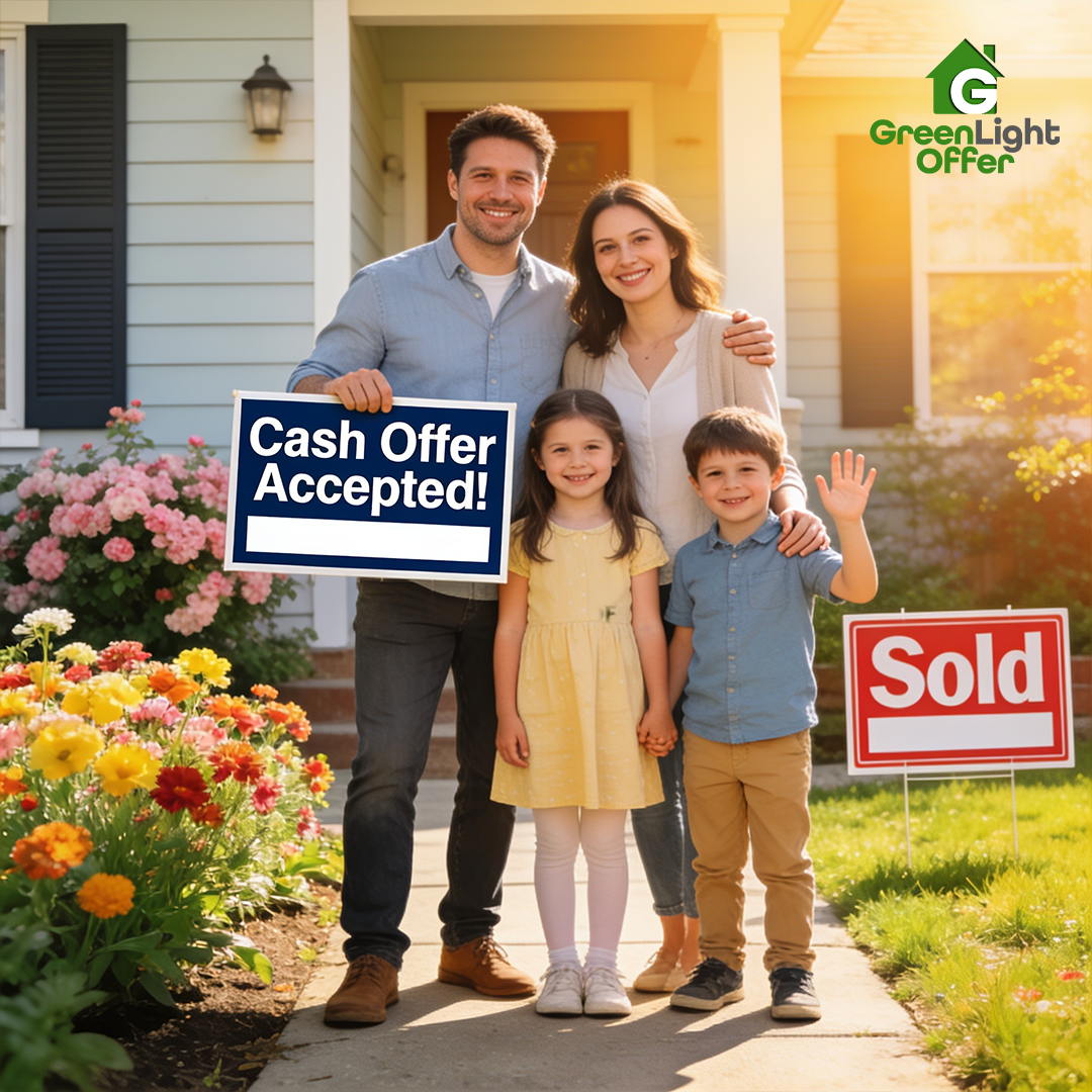 Family celebrating a home sale with cash offer and sold signs, highlighting mortgage divorce house sale Texas options.
