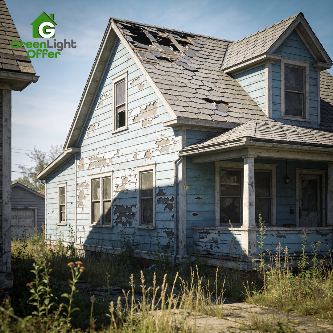 Fire insurance claim sell house Houston: damaged home with a worn roof, peeling siding, and overgrown yard.