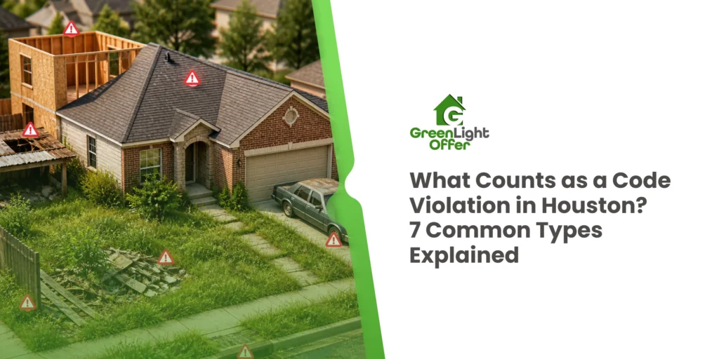 Neglected Houston home with warning symbols, illustrating common code violation types Houston homeowners may face.