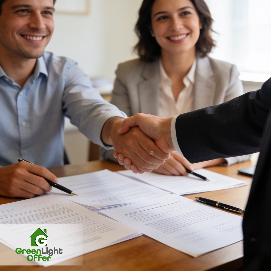 Fire insurance claim sell house Houston with homeowners reviewing a cash offer and signing property sale documents.
