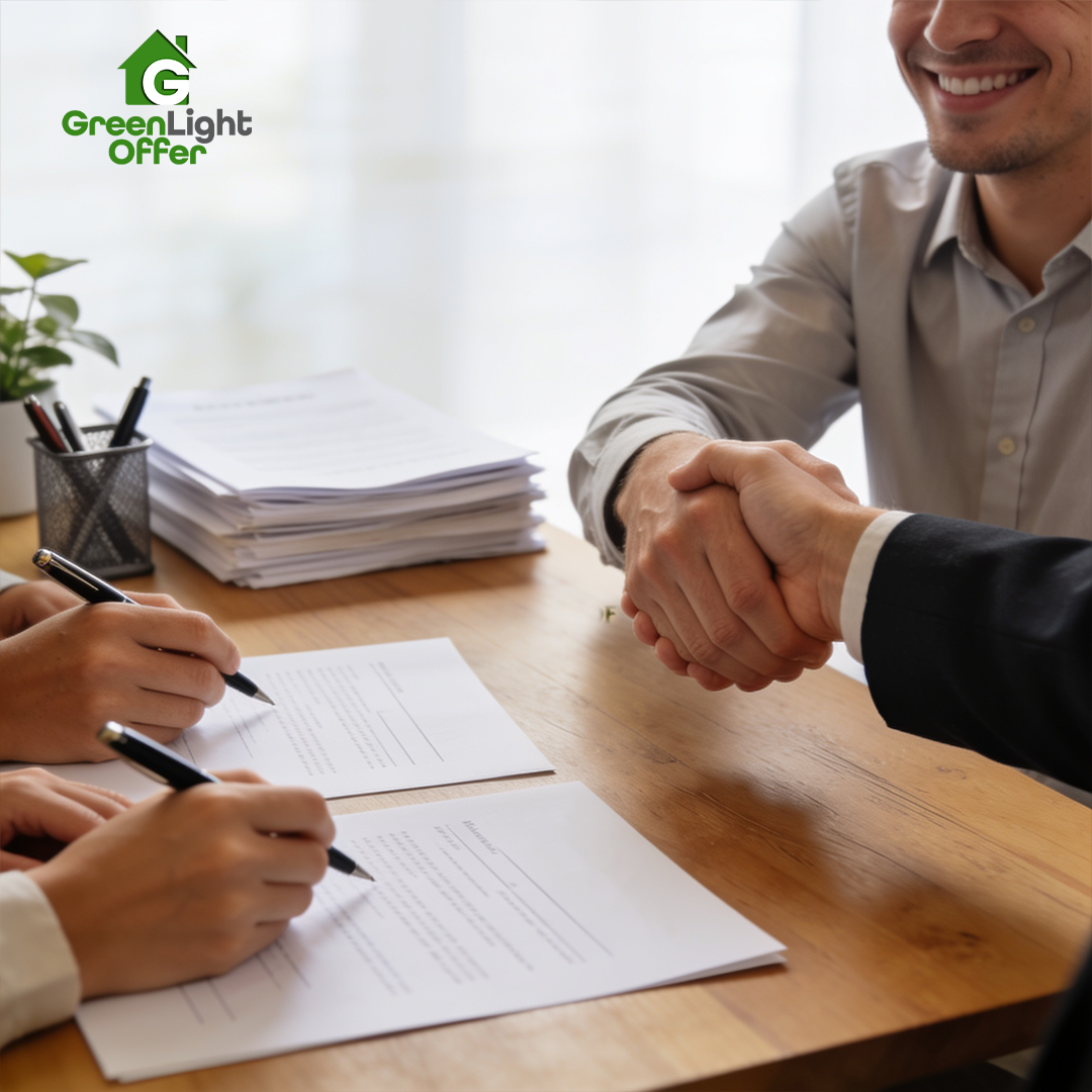 People signing home sale documents and shaking hands, illustrating sell house before or after divorce finalized Texas.
