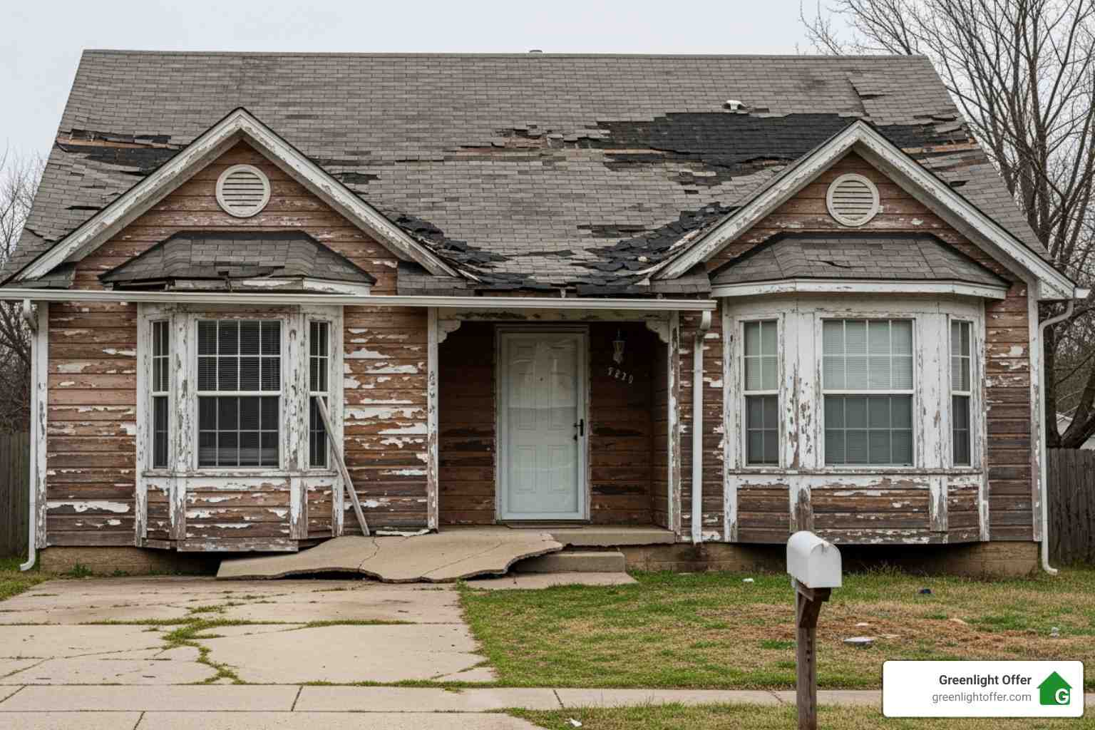 Worn-out house with peeling paint and damaged roof, showing a property that could be sold to a company that buys houses in Houston.