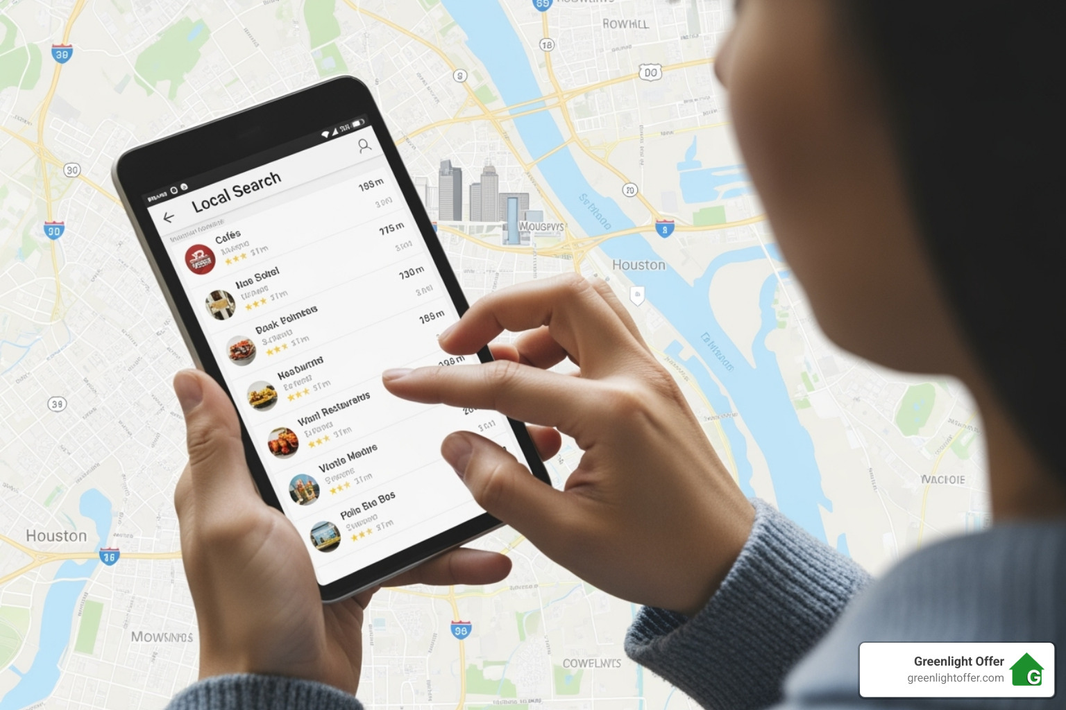 Person using a smartphone to search for local businesses on a map of Houston, representing how homeowners look for nearby cash home buyers.