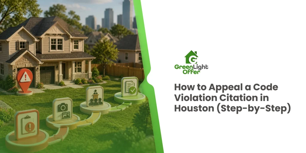 Appeal code violation citation Houston graphic showing a home, warning symbol, appeal steps, and document review icons.