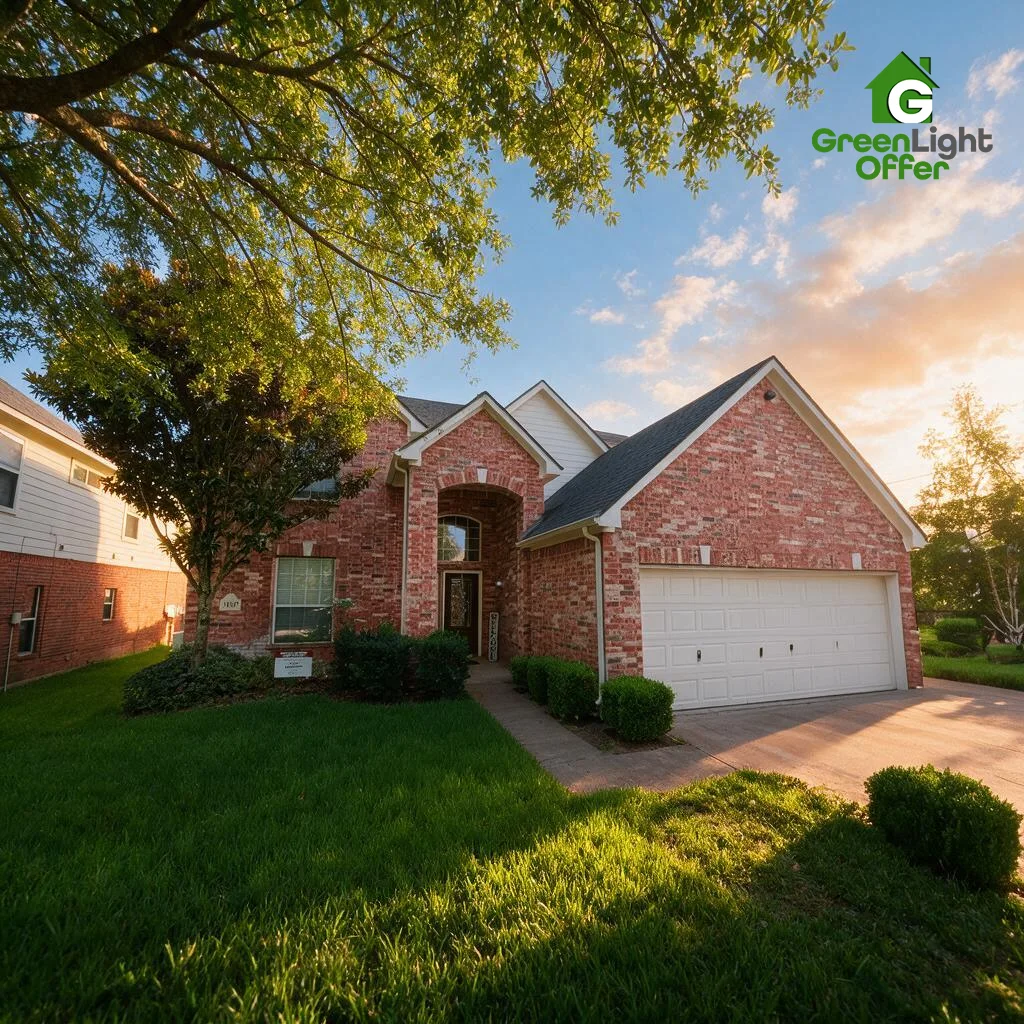 Appeal code violation citation Houston with a well-maintained brick home, green lawn, driveway, and garage.