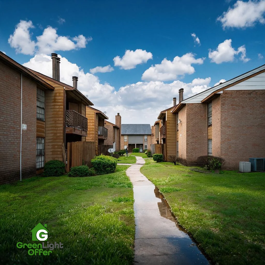 Appeal code violation citation Houston for a residential property with brick homes, lawns, and a concrete walkway.