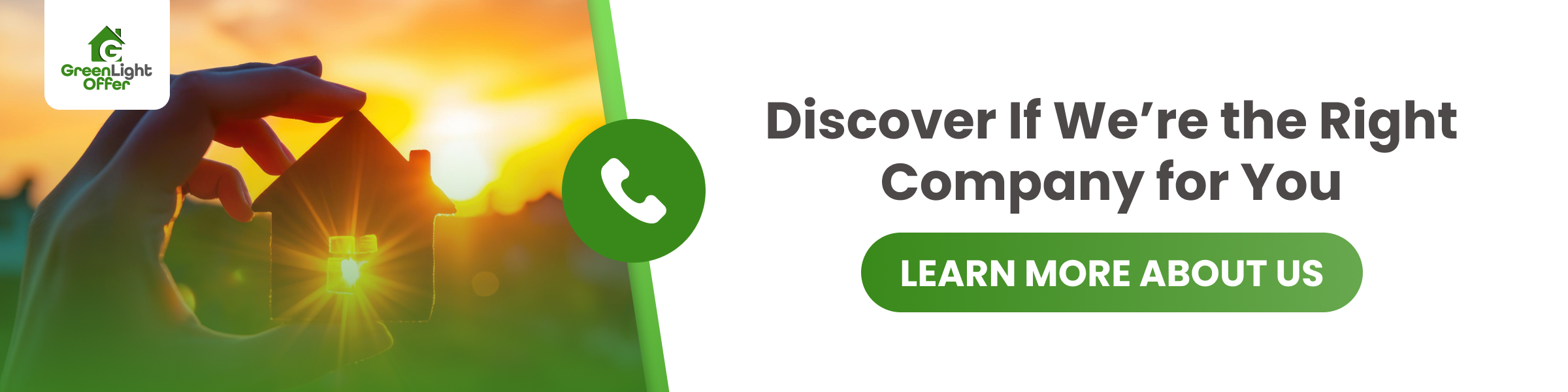 Hand holding a small house figure against a bright sunset with text inviting users to learn more about a company that buys houses.