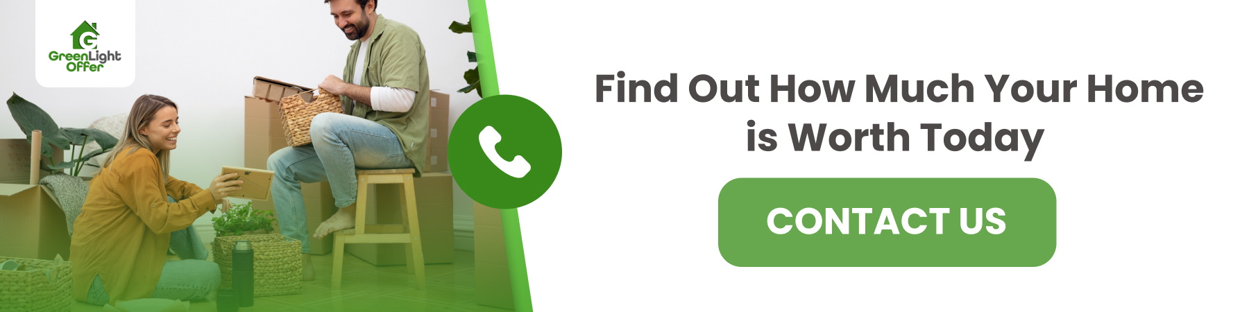 Banner showing a smiling couple packing boxes beside a call icon and text inviting homeowners to contact companies that buy properties.
