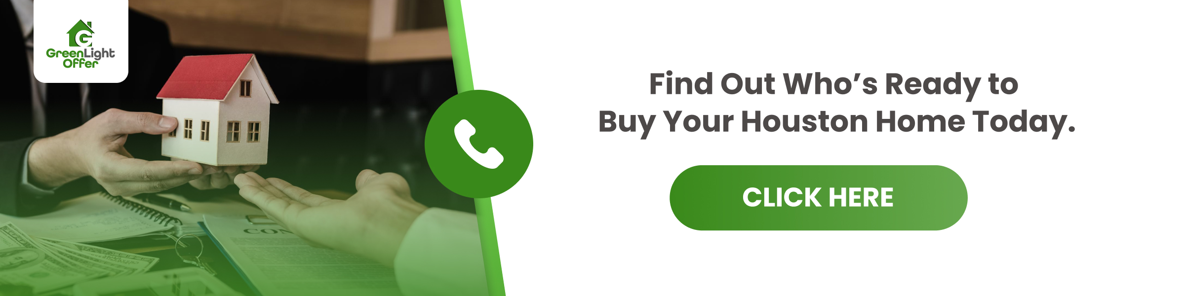 Banner showing a small house model being handed over, representing people who buy houses Houston and offer fast, ready-to-move cash solutions.