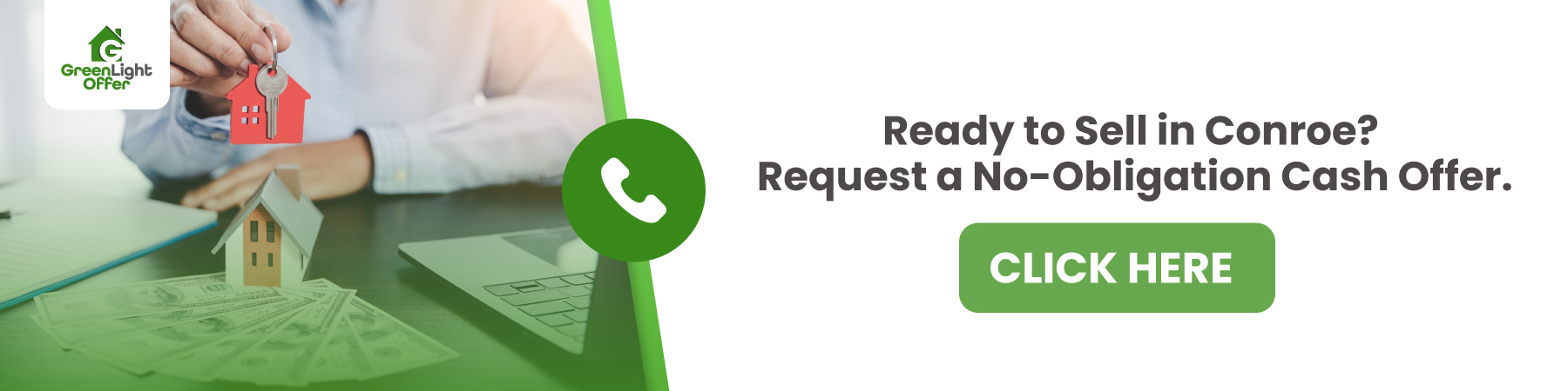 Person holding a house key and model house beside cash and laptop, promoting a no-obligation cash offer for Conroe home sellers.