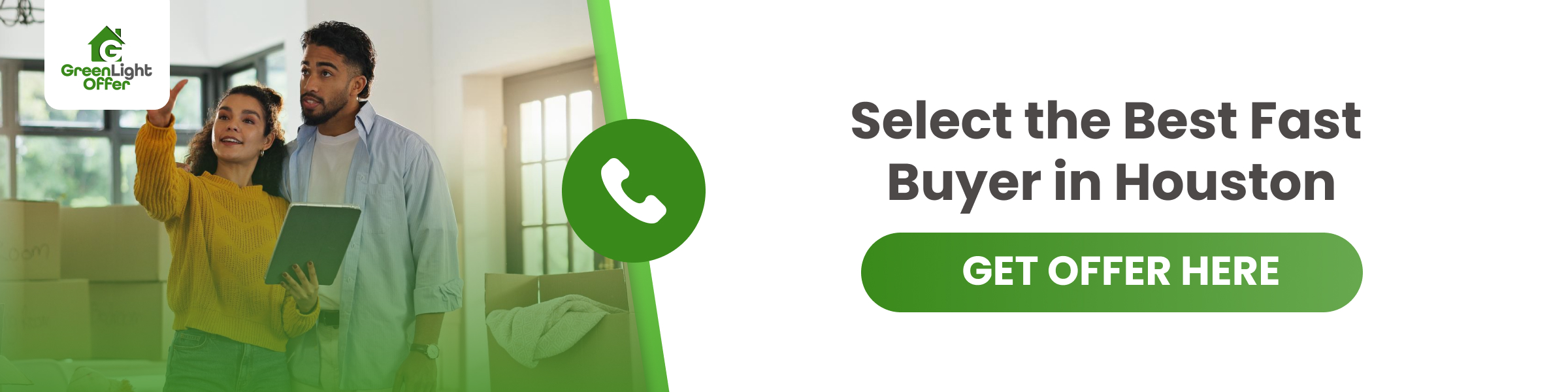 CTA banner with a couple, phone icon, and 'Select the best fast buyer in Houston' button; fast house buyers houston