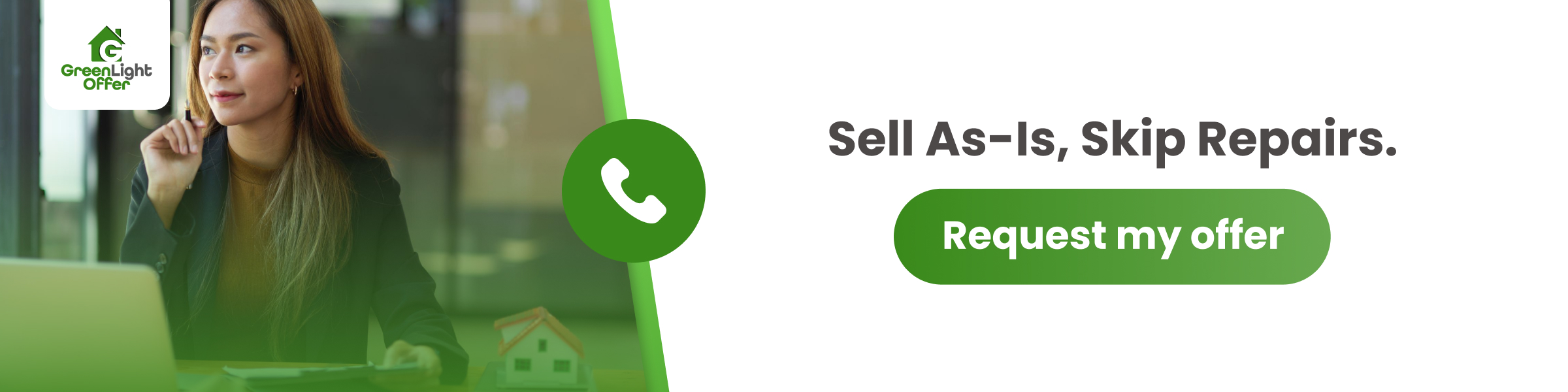 Woman working on a laptop beside a small house model with CTA text encouraging homeowners to sell my house as-is and request an offer.