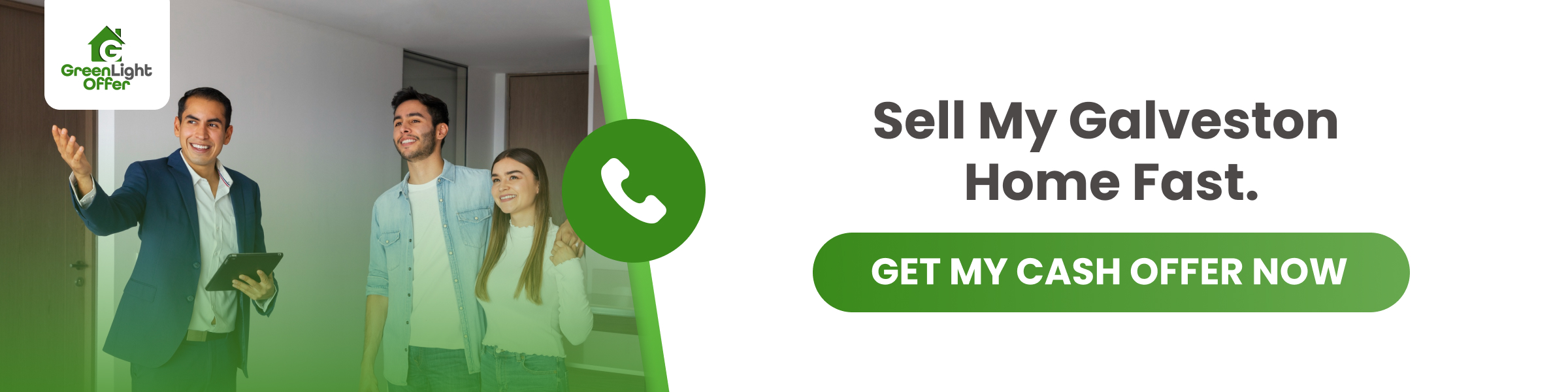 Real estate agent meeting with homeowners and offering a fast cash offer to help people sell their Galveston home quickly.