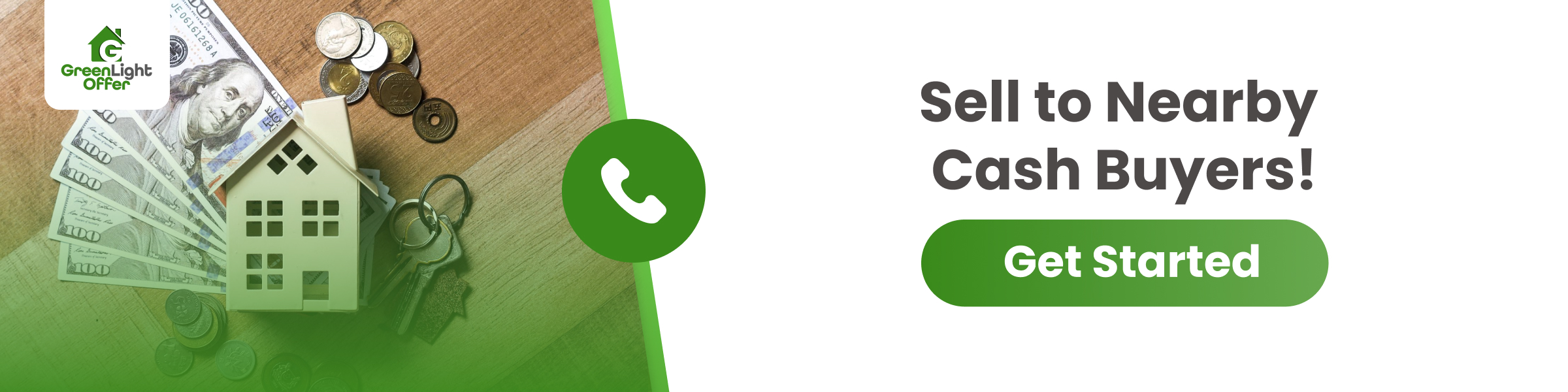 GreenLight Offer banner with keys, cash, house; CTA 'Sell to Nearby Cash Buyers' to reach cash house buyers near me