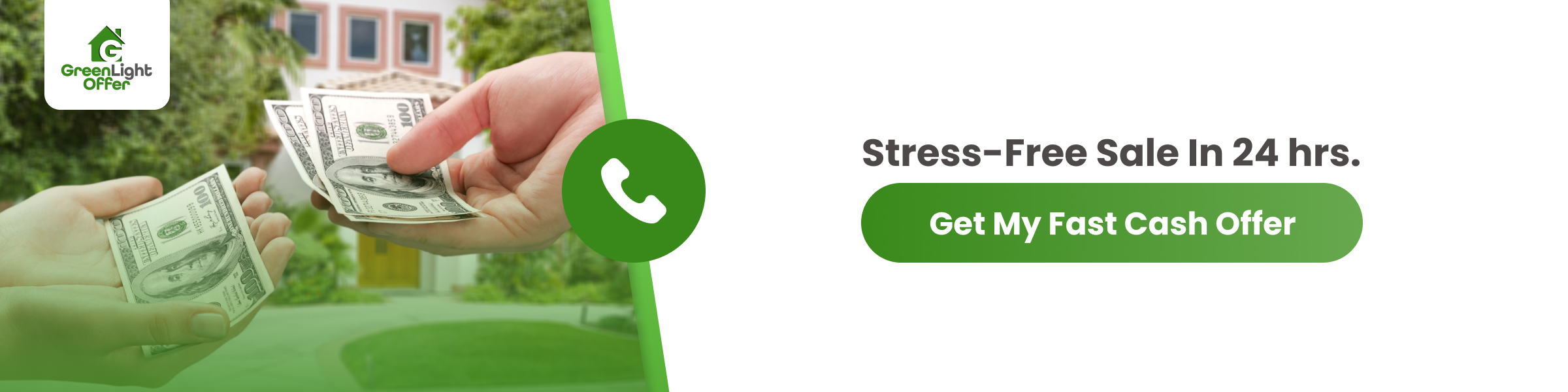 Image showing cash being handed over to represent a quick cash for house offer with a call-to-action for a fast, stress-free sale.