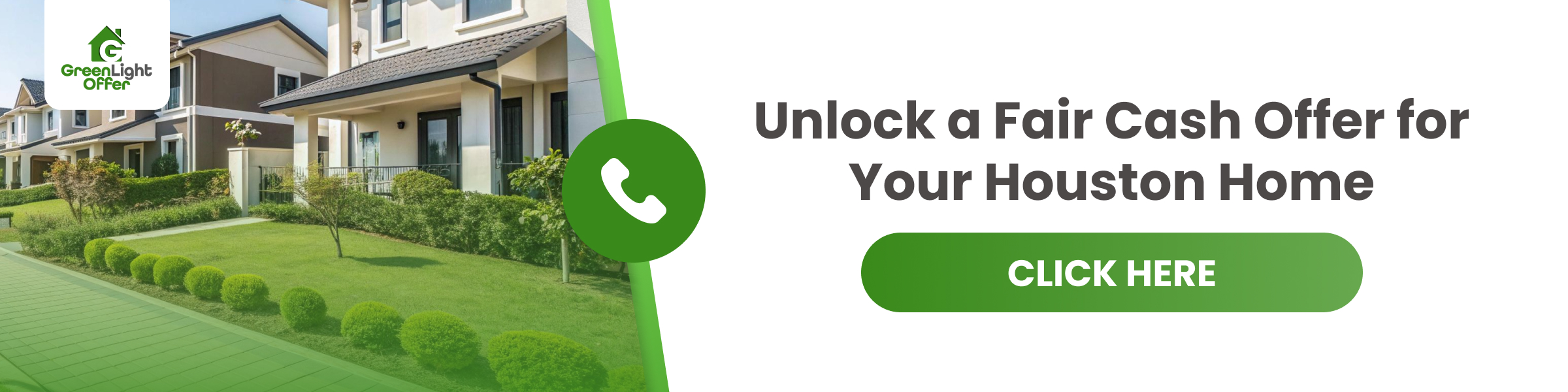 Row of modern houses in Houston with a call-to-action banner inviting homeowners to get a fair cash offer from a company that buys houses.