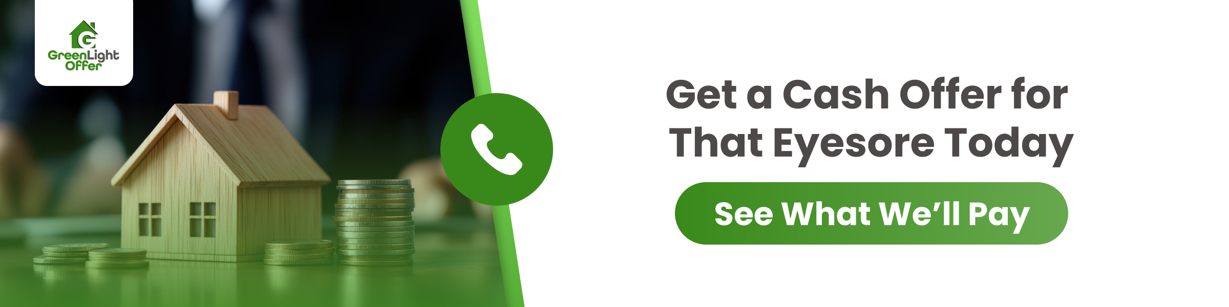 Sell Ugly House for Cash Today – Free Offer Wide CTA banner with wooden house model, coin stacks, and phone icon inviting homeowners to sell ugly house fast with a same-day cash offer.