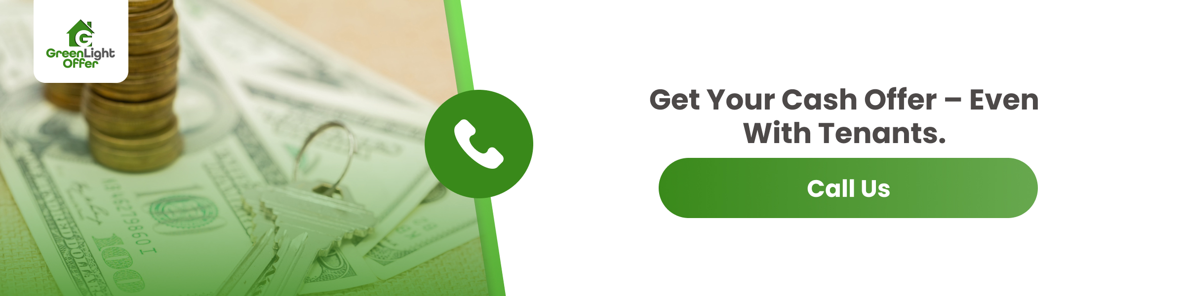 Call-to-action banner showing cash and keys, promoting selling a house with a tenant and getting a fast cash offer.