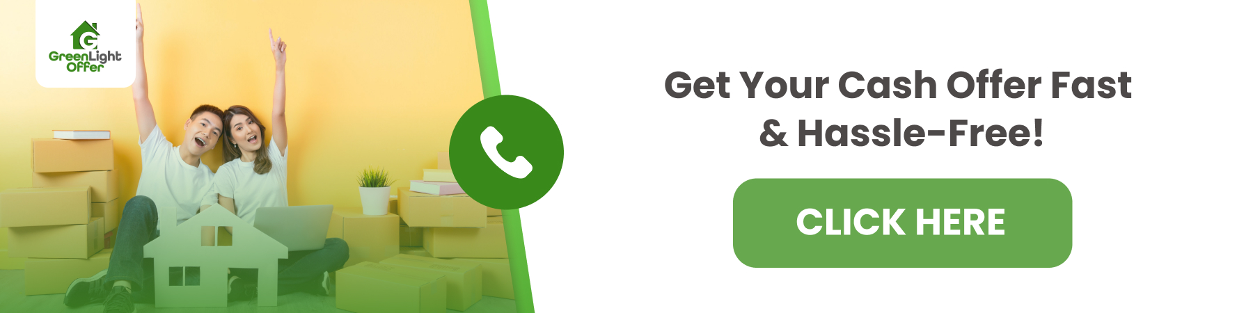 Couple celebrating with cash offer message, Greenlight Offer logo, and call-to-action for hassle-free home selling.