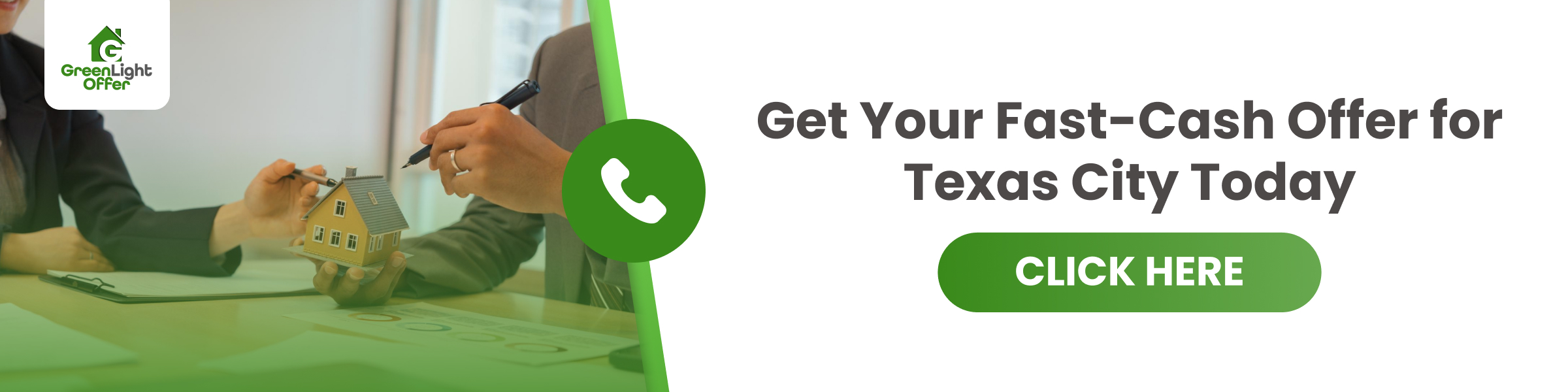 CTA button for Greenlight Offer with a house model and text "Get Your Fast-Cash Offer for Texas City Today. CLICK HERE" promoting quick home sales in Texas City.