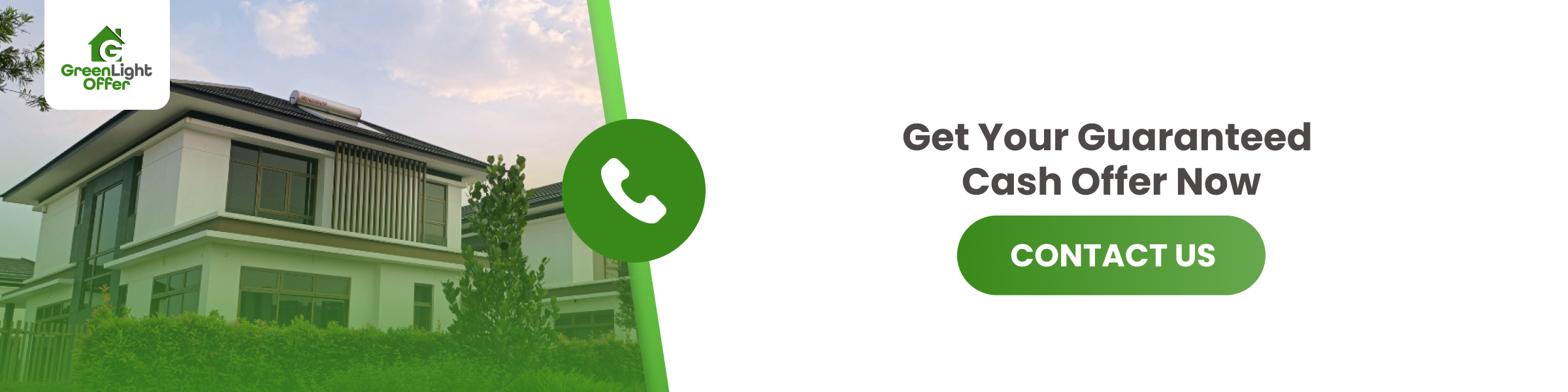 CTA banner showing a modern home with a button inviting sellers to get a guaranteed offer for my home quickly through GreenLight Offer.