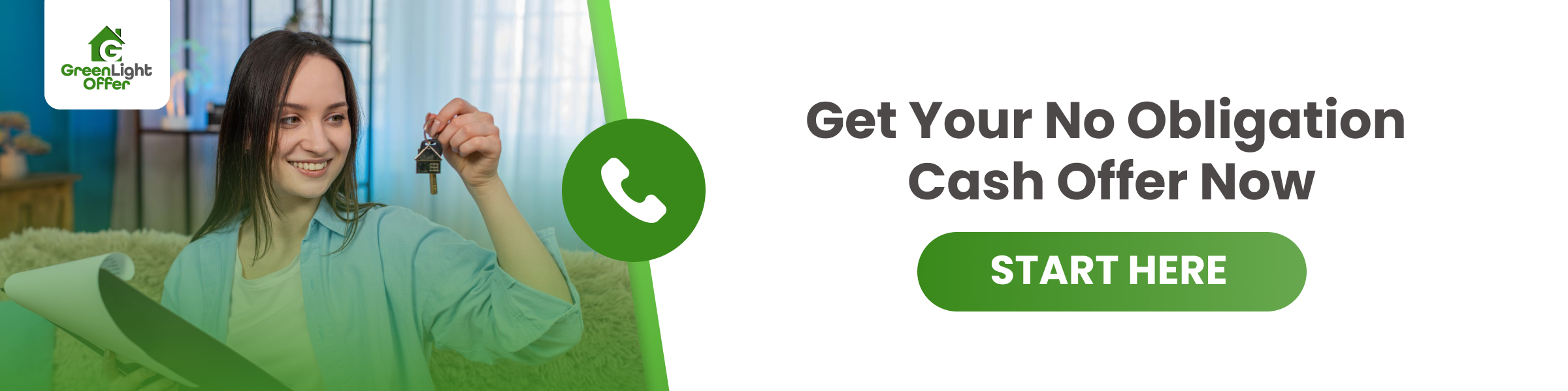 Smiling woman holding house keys next to a call-to-action button encouraging users to get a no obligation cash offer now