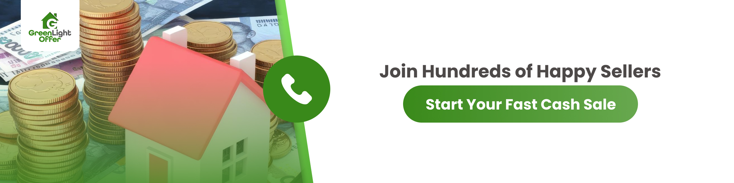 Image of house model with coins and cash in the background promoting a fast cash for house sale with a call-to-action button.