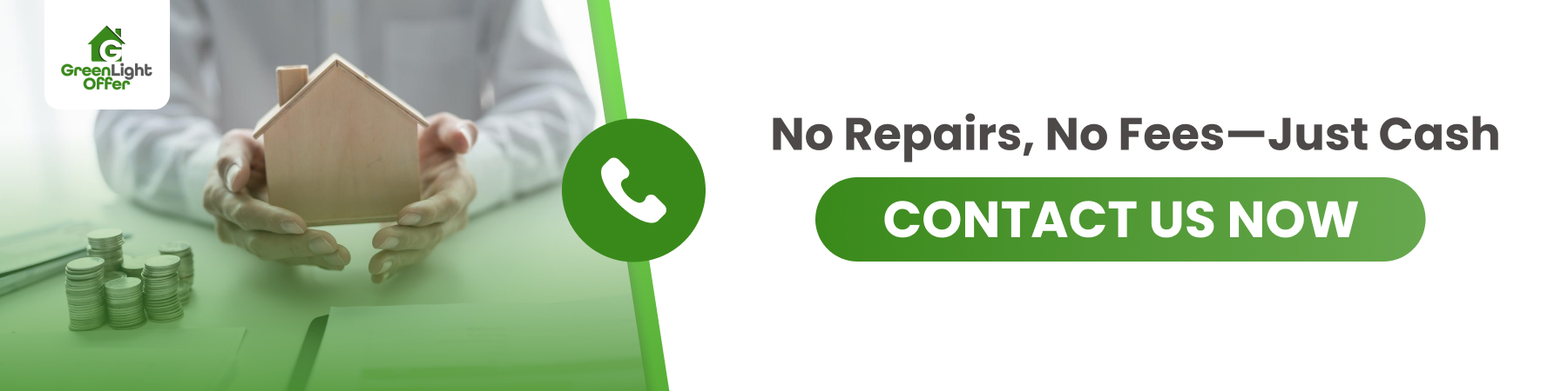 Person holding a small wooden house with cash coins nearby, promoting no repairs, no fees, and quick cash for homes Houston.