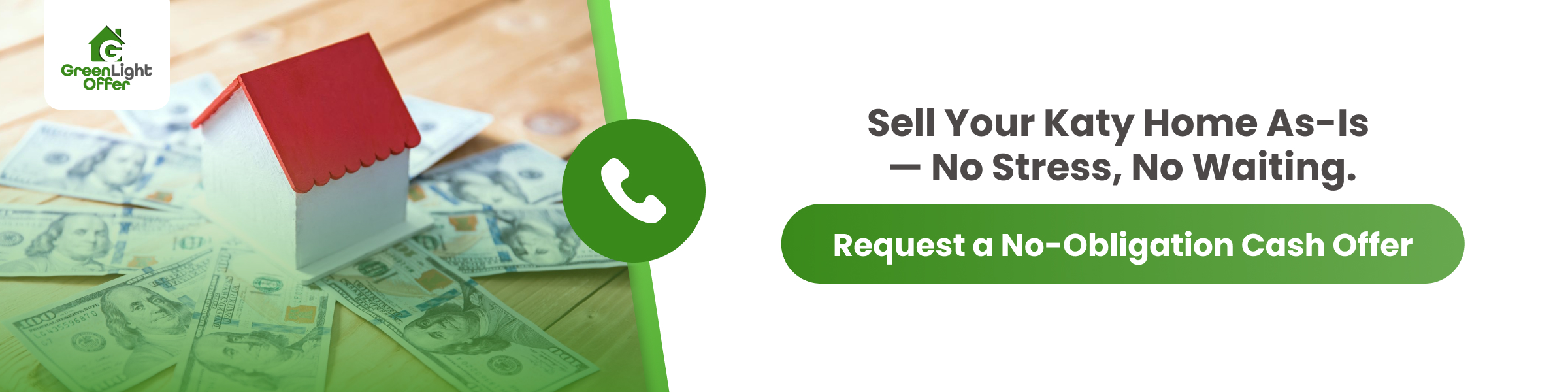 Model house on cash with a call-to-action showing how a trusted cash home buyer in Katy helps homeowners sell as-is with no stress or waiting.
