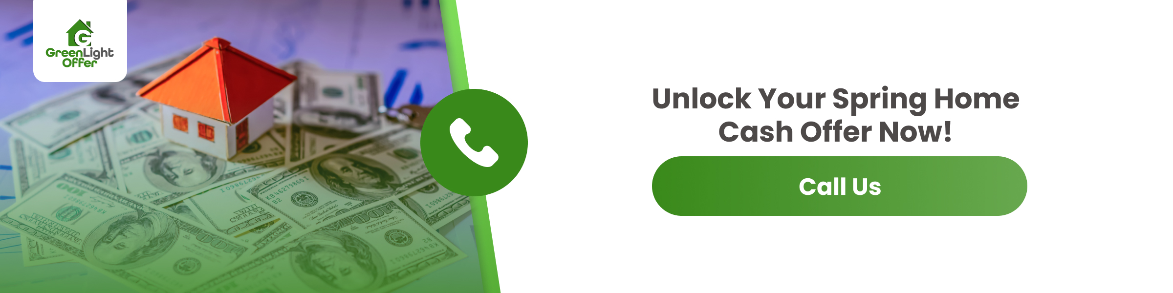 Unlock Your Spring Home Cash Offer Today Call-to-action image showing a home on cash, encouraging sellers to contact cash home buyers in spring for fast offers and quick closings