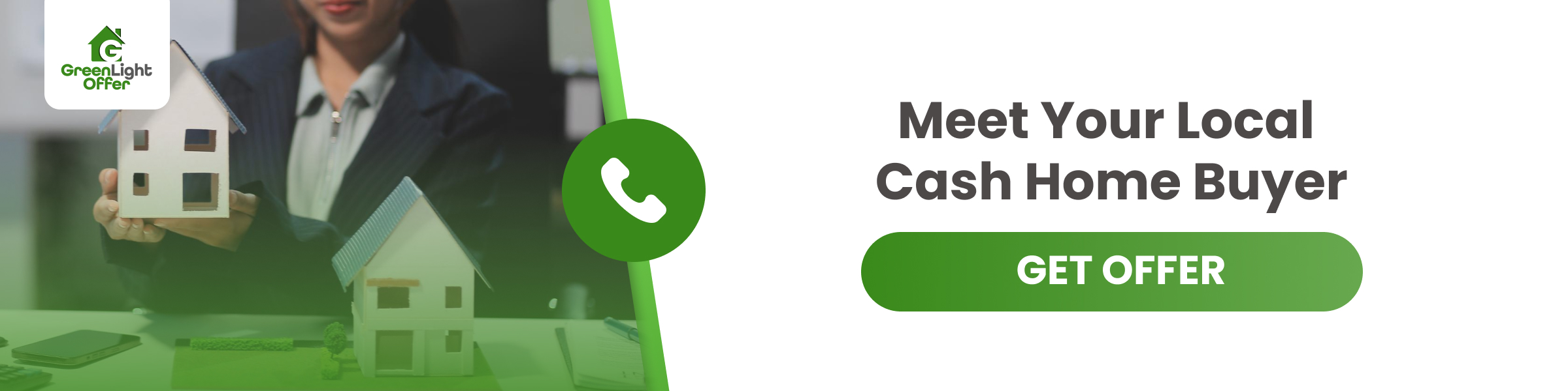 Banner promoting Cash for Homes Houston with a local buyer offering quick home sales and a green &ldquo;Get Offer&rdquo; button.