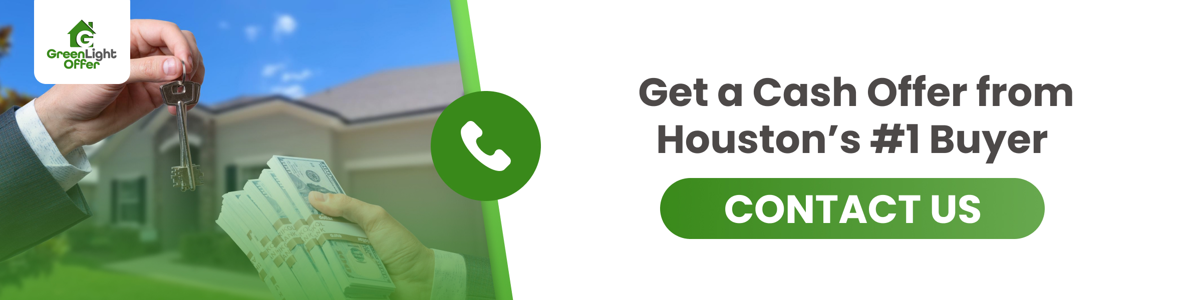 Get a Cash Offer to Sell Distressed Property Banner showing GreenLight Offer ad inviting homeowners to sell distressed property fast for cash with Houston’s top home buyer.