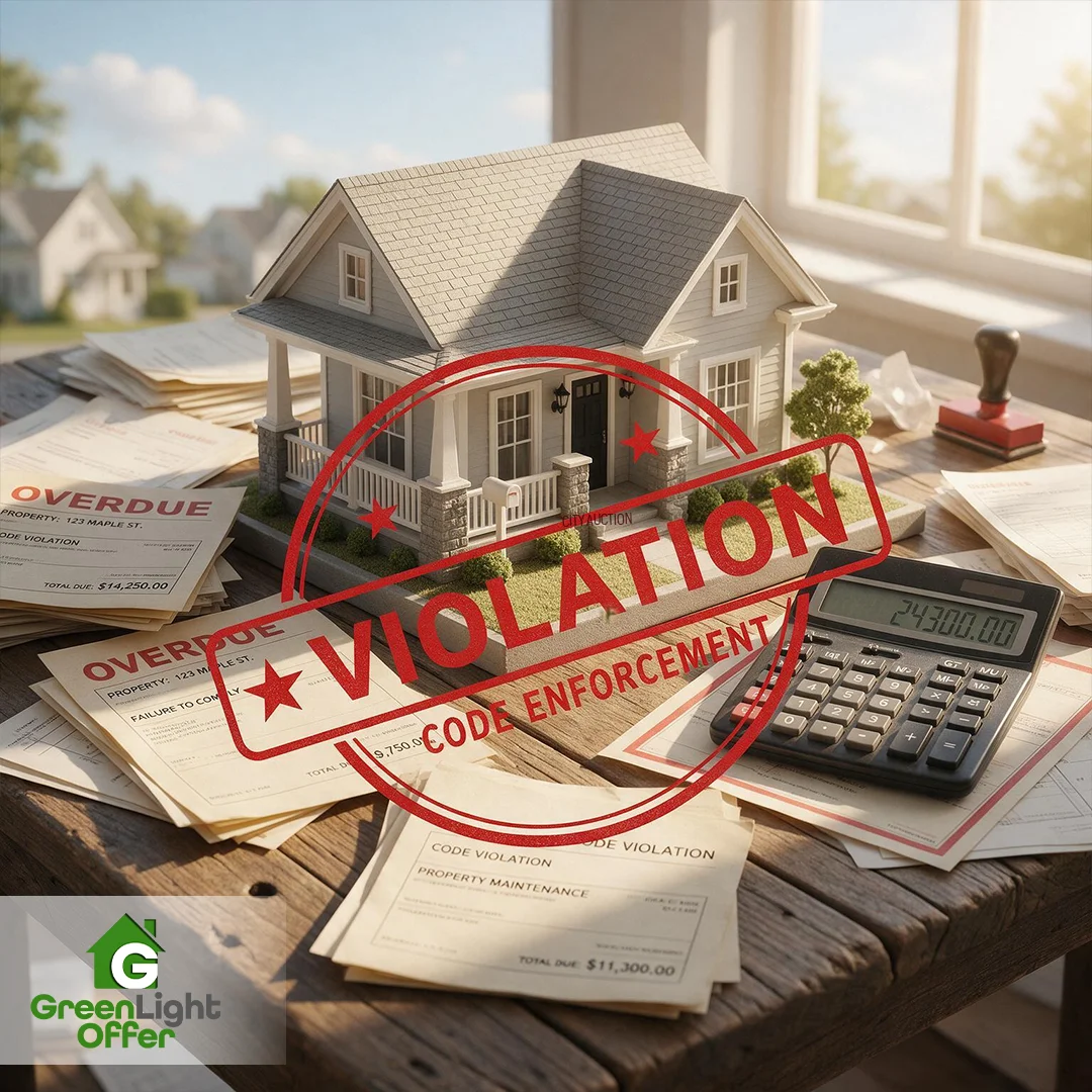 Model home surrounded by overdue code enforcement bills and a calculator showing mounting Houston code violation fines.