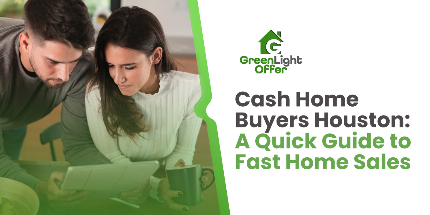 Couple engaging with a tablet displaying "Cash Home Buyers Houston" for quick home sales information by Greenlight Offer.