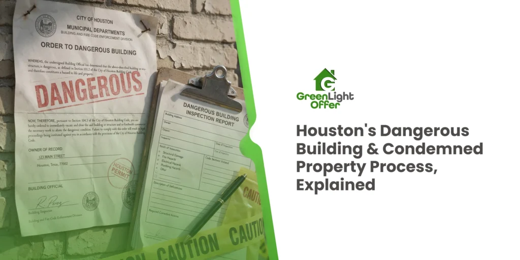 Condemned property process Houston graphic showing a dangerous building order, inspection report, and caution tape.