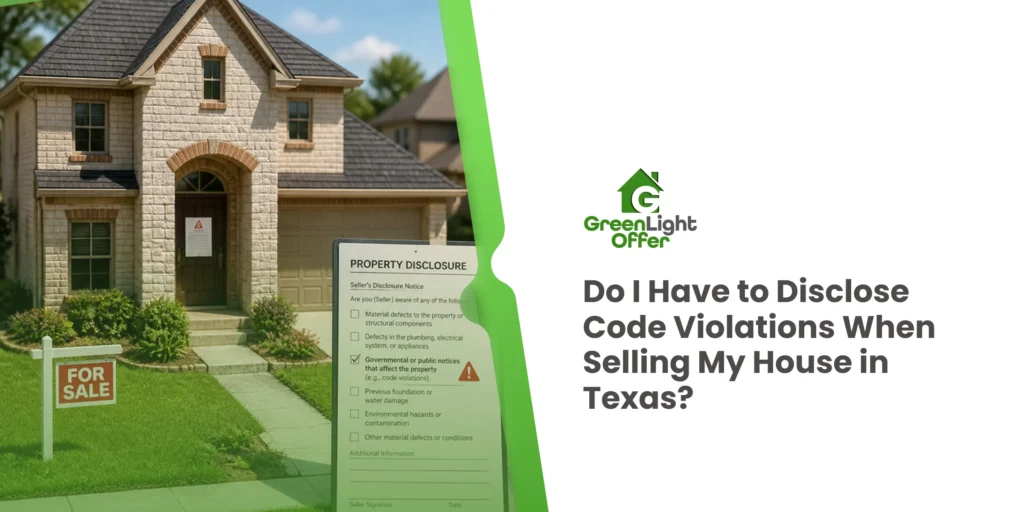 Suburban home for sale featuring a property disclosure notice outlining rules to disclose code violations selling house Texas.