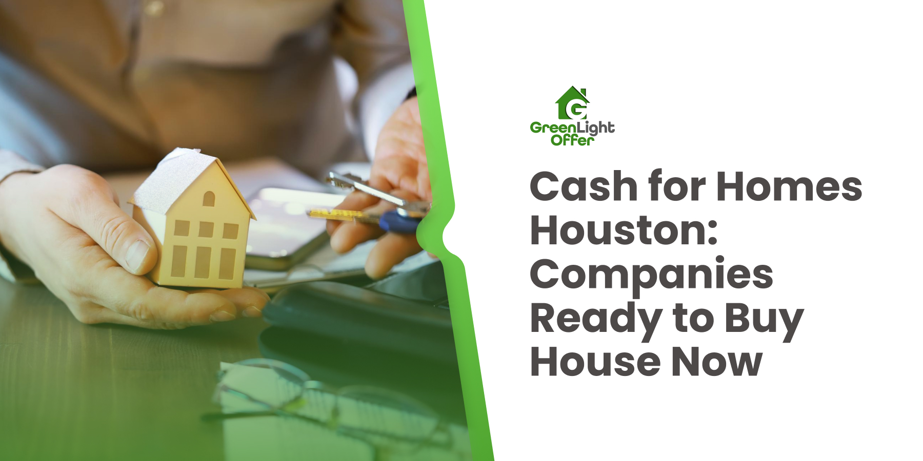 Hand holding a miniature house model, symbolizing cash home sales, with tools and a phone on a desk, representing the streamlined process offered by Greenlight Offer in Houston.