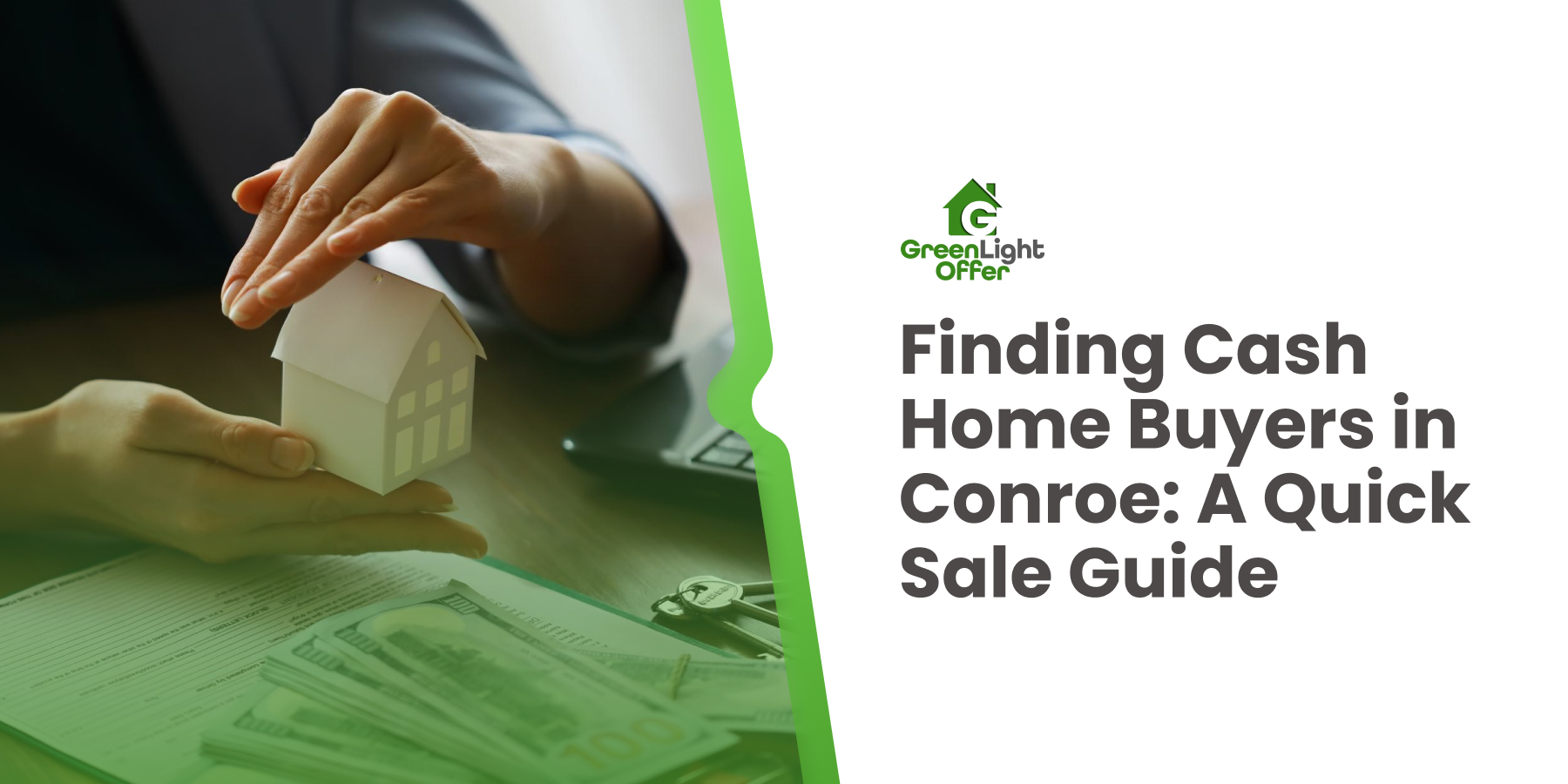 Person holding a small house model with cash and documents on the table, representing trusted cash home buyers in Conroe for quick sales.