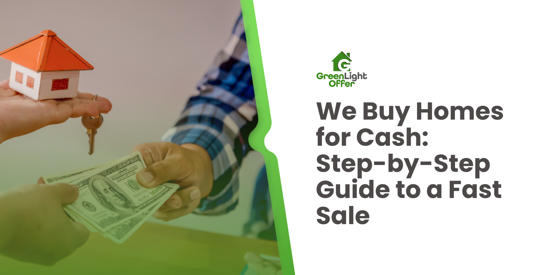 Hands exchanging cash and keys, with a small house model symbolizing fast cash home sales, relevant to "We Buy Homes for Cash: Step-by-Step Guide to a Fast Sale" by Greenlight Offer.
