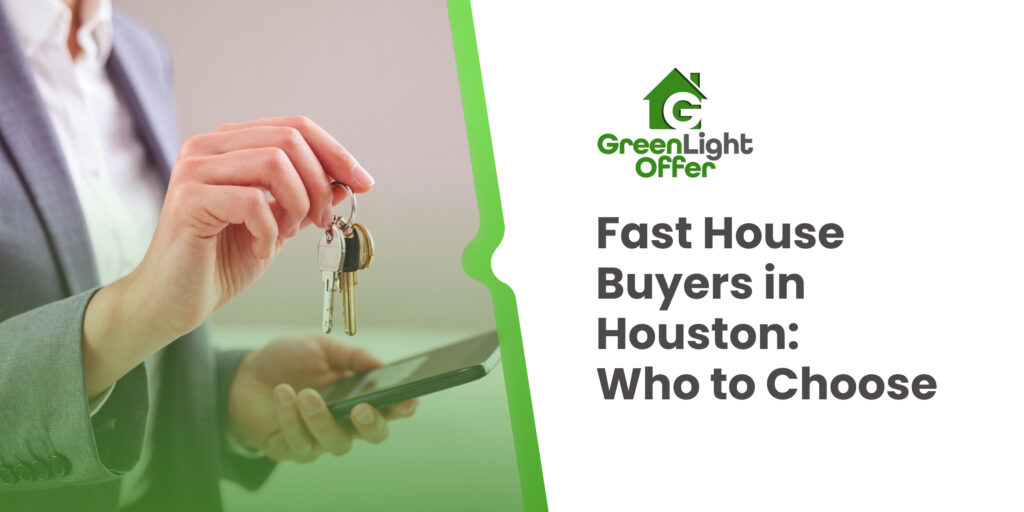 Person holding house keys and smartphone, featuring Greenlight Offer logo, promoting fast house buying services in Houston.