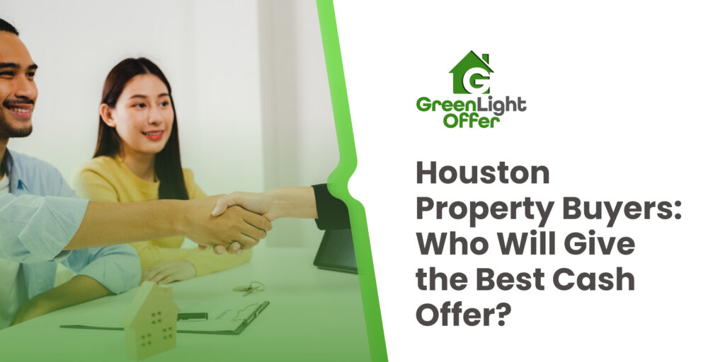 Handshake between two individuals discussing cash offers, with a woman in the background, featuring Greenlight Offer logo and text about Houston property buyers and cash offers.