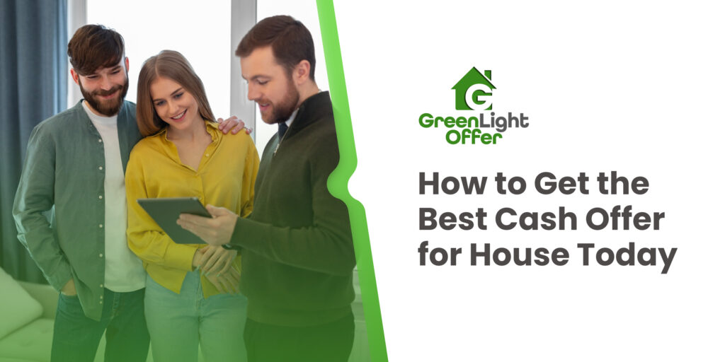 Group of three people discussing cash offers for houses, with a tablet displaying information, featuring GreenLight Offer branding and the text "How to Get the Best Cash Offer for House Today."