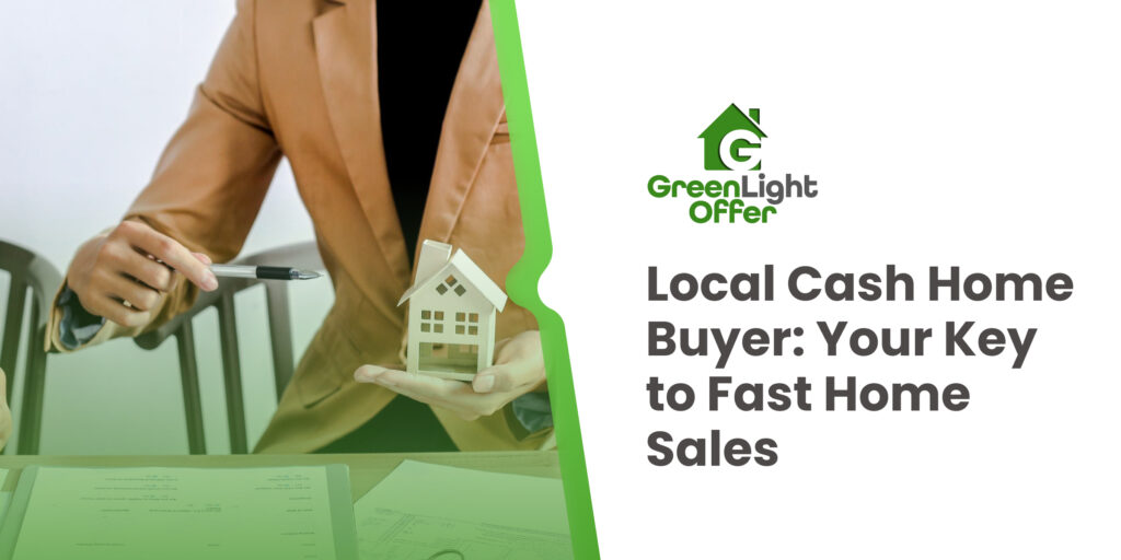 Marketing banner with agent holding a house model and paperwork, highlighting a local cash home buyer for quick, hassle-free sales.
