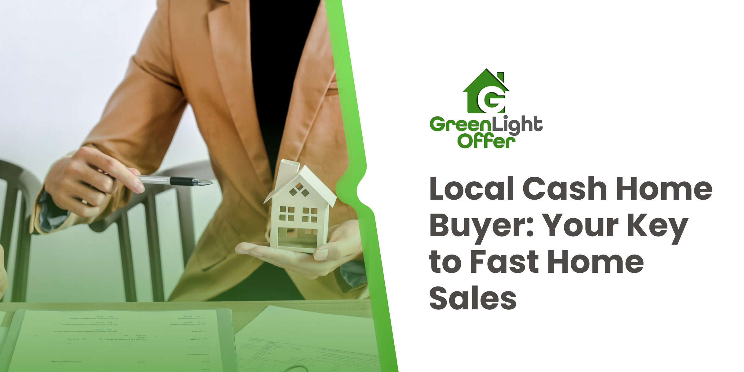 Marketing banner with agent holding a house model and paperwork, highlighting a local cash home buyer for quick, hassle-free sales.